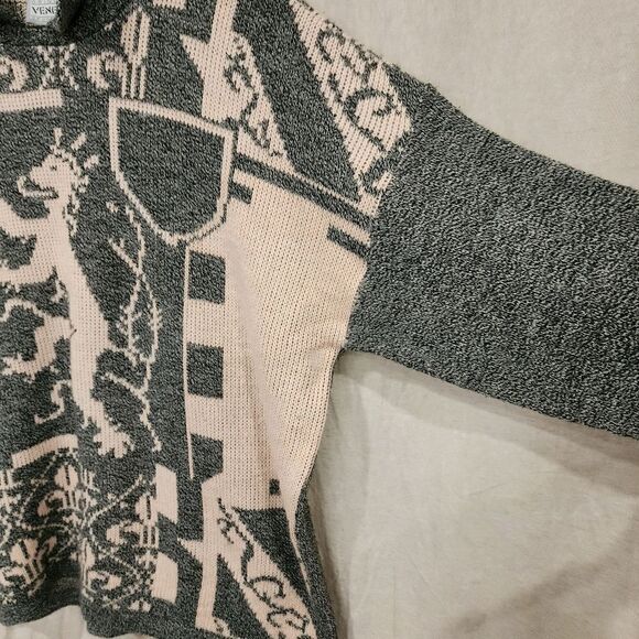 vtg 80s Venezia sweater oversize gray pink lion crest drop shoulder - Picture 6 of 8